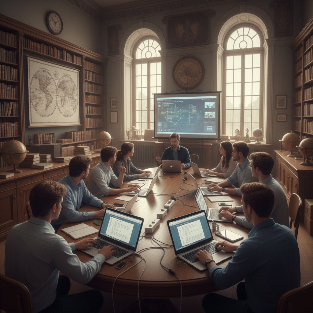 Uczniowie korzystający z laptopów do nauki historii, nowoczesna klasa, edukacja cyfrowa