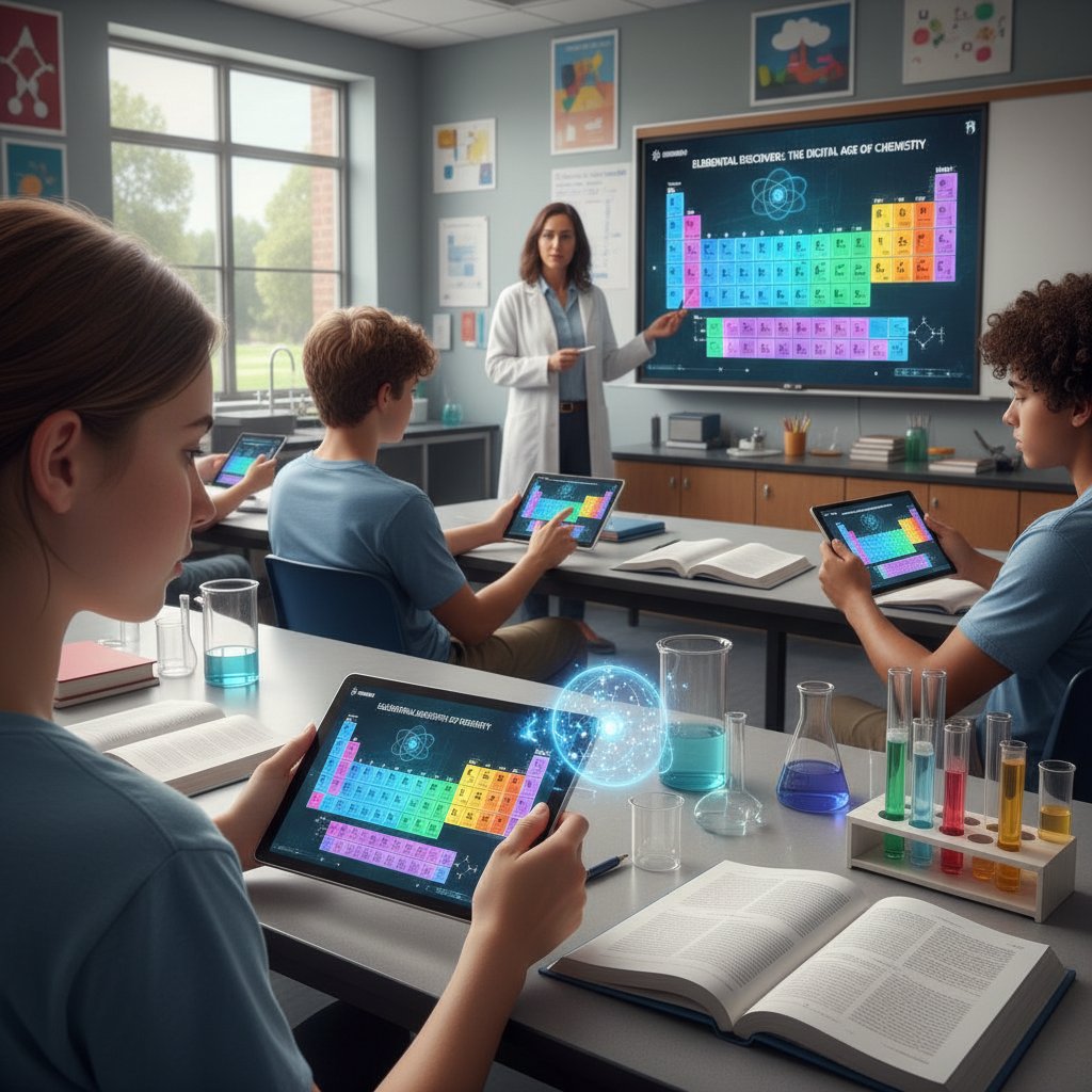 Uczniowie korzystający z tabletu z online periodic table podczas lekcji chemii, nowoczesne metody nauczania