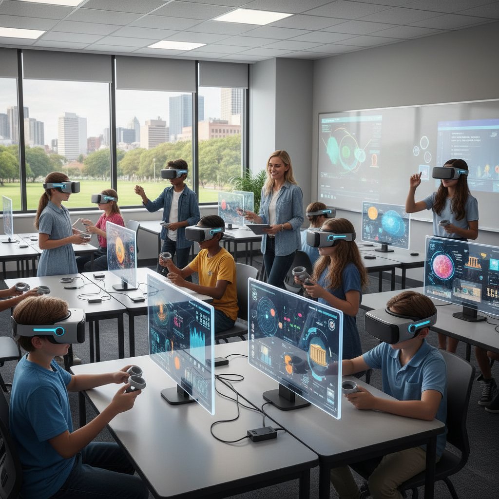 Uczniowie w goglach VR korzystają z interaktywnej lekcji