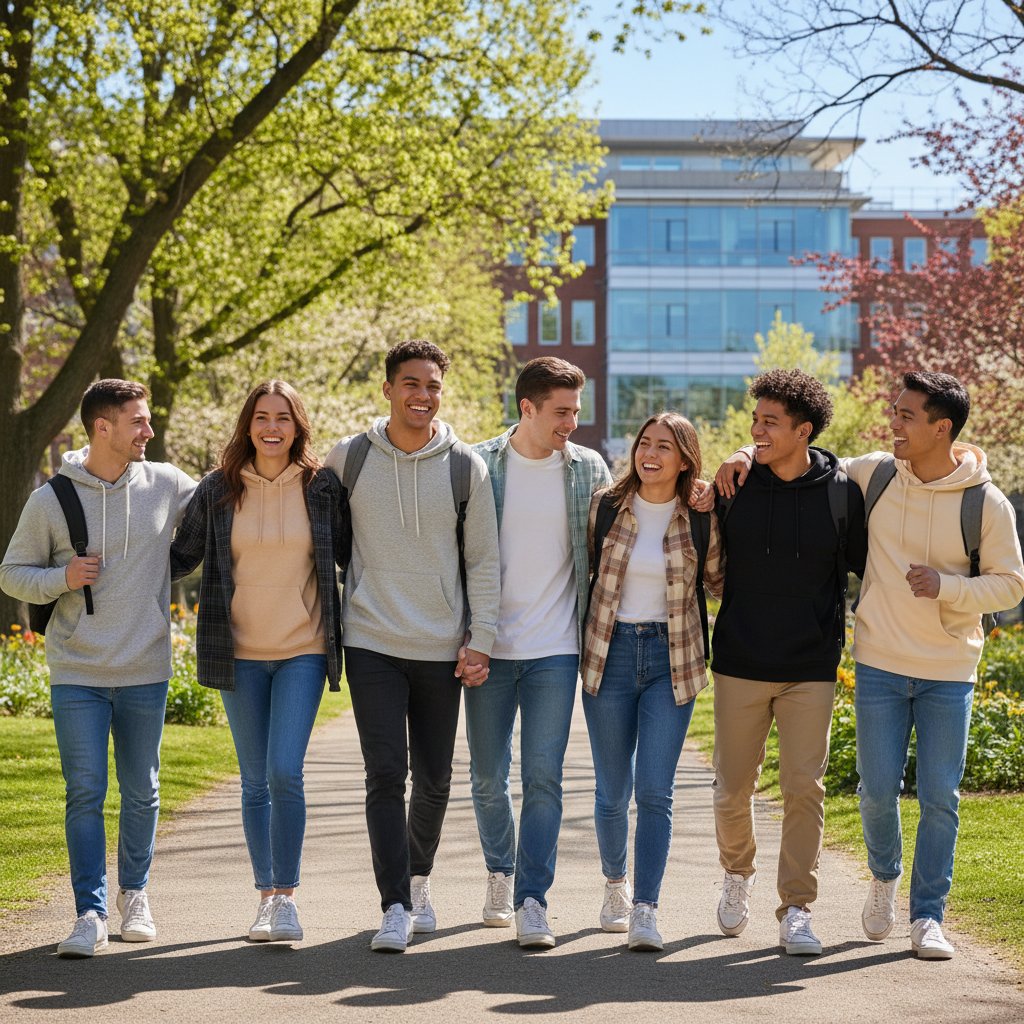 Grupa studentów spacerujących w parku po zajęciach, uśmiechy, relacje, wsparcie społeczne