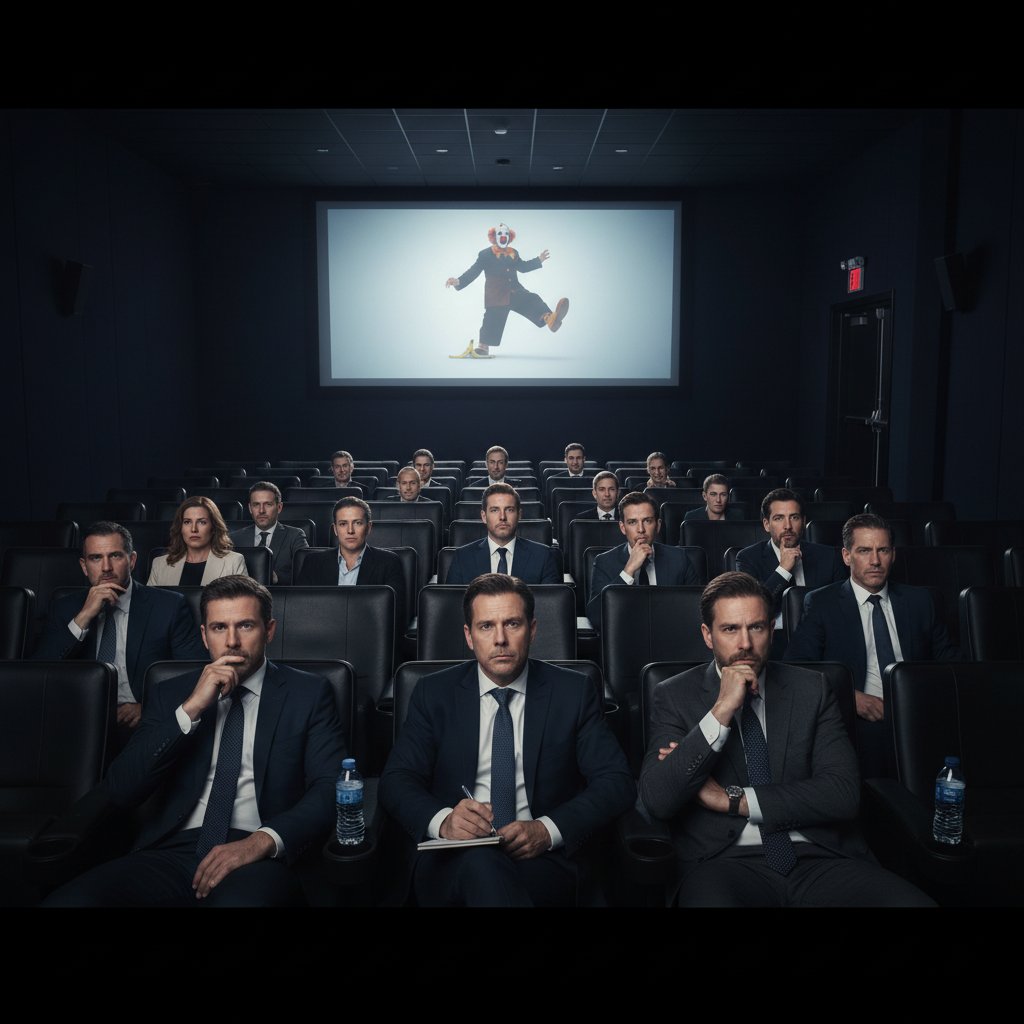 Studio executives watching a comedy screening, tense atmosphere, movie deleted scenes comedy