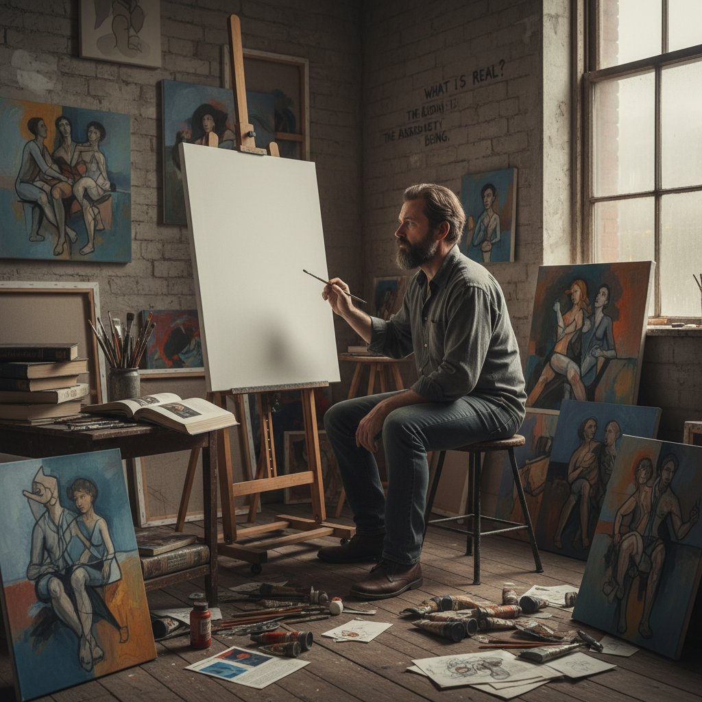 Młoda artystka w pracowni, otoczona niedokończonymi obrazami – poszukiwanie sensu przez sztukę