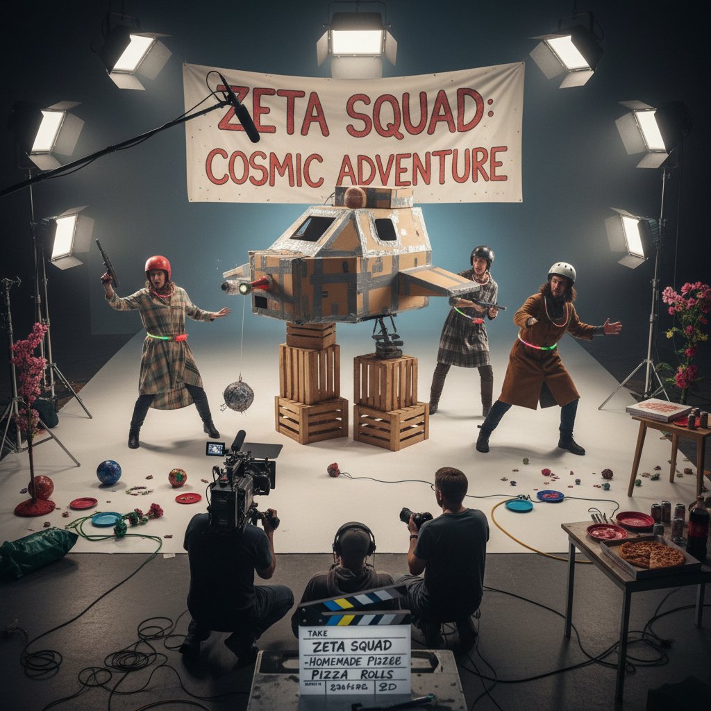 Behind-the-scenes of studio set imitating amateur movie look, commercial crew with homemade props and low-fi equipment