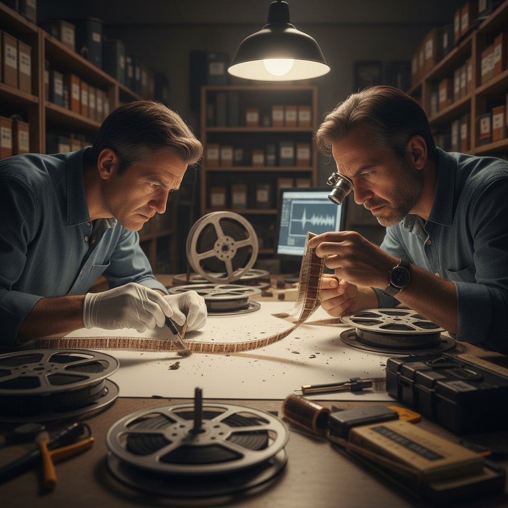 Studio technicians restoring film reels, behind-the-scenes documentary style, intense and focused, anniversary edition movie restoration