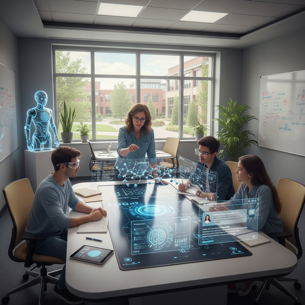 Lerngruppe mit Lehrkraft und KI-Unterstützung, gemeinsames Arbeiten am Laptop