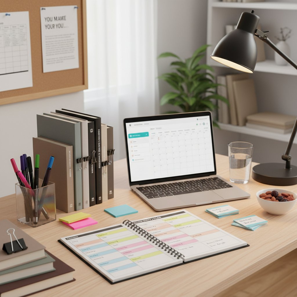 Planowanie nauki do matury z widocznym plannerem, kolorowe notatki, porządek na biurku