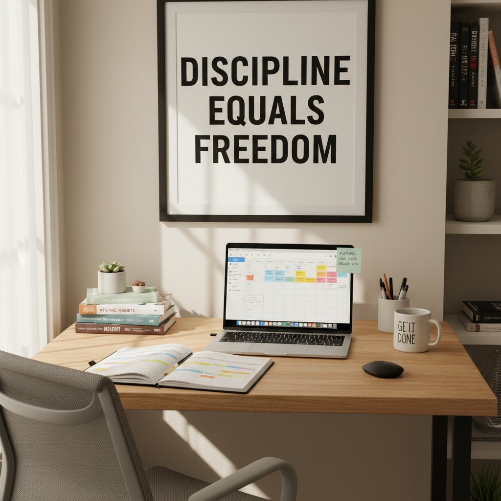 Planer nauki, kalendarz, laptop i liść z napisem „działaj teraz”, motywacja na tle biurka