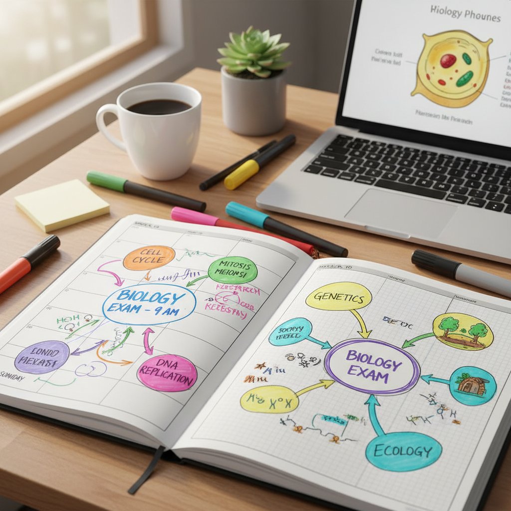 Planer nauki online, kolorowe notatki, kalendarz i laptop – biologia matura powtórka