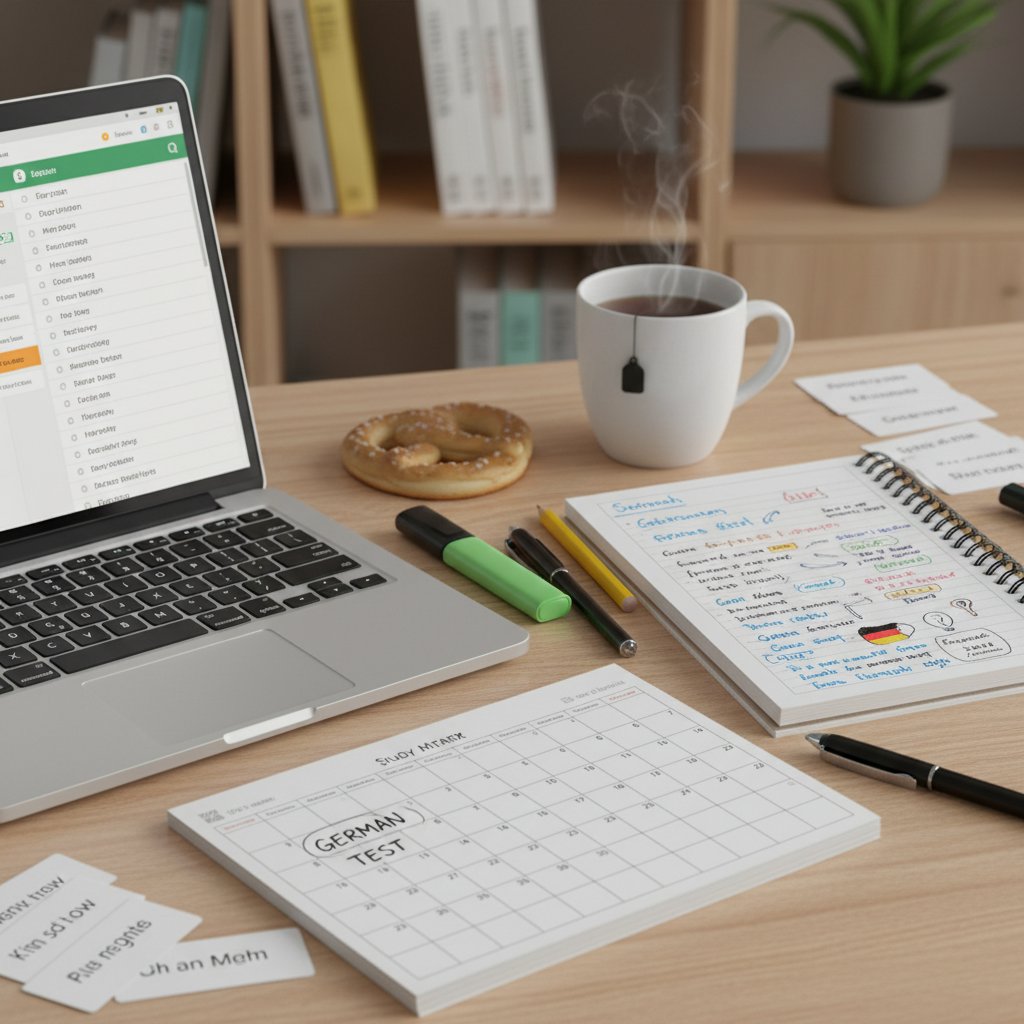 Organizator nauki – planner, komputer i notatki przygotowującego się do testu z niemieckiego
