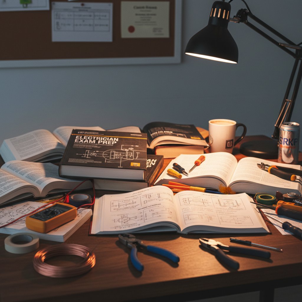 Stół z podręcznikami, testami i narzędziami do nauki do egzaminu elektryka