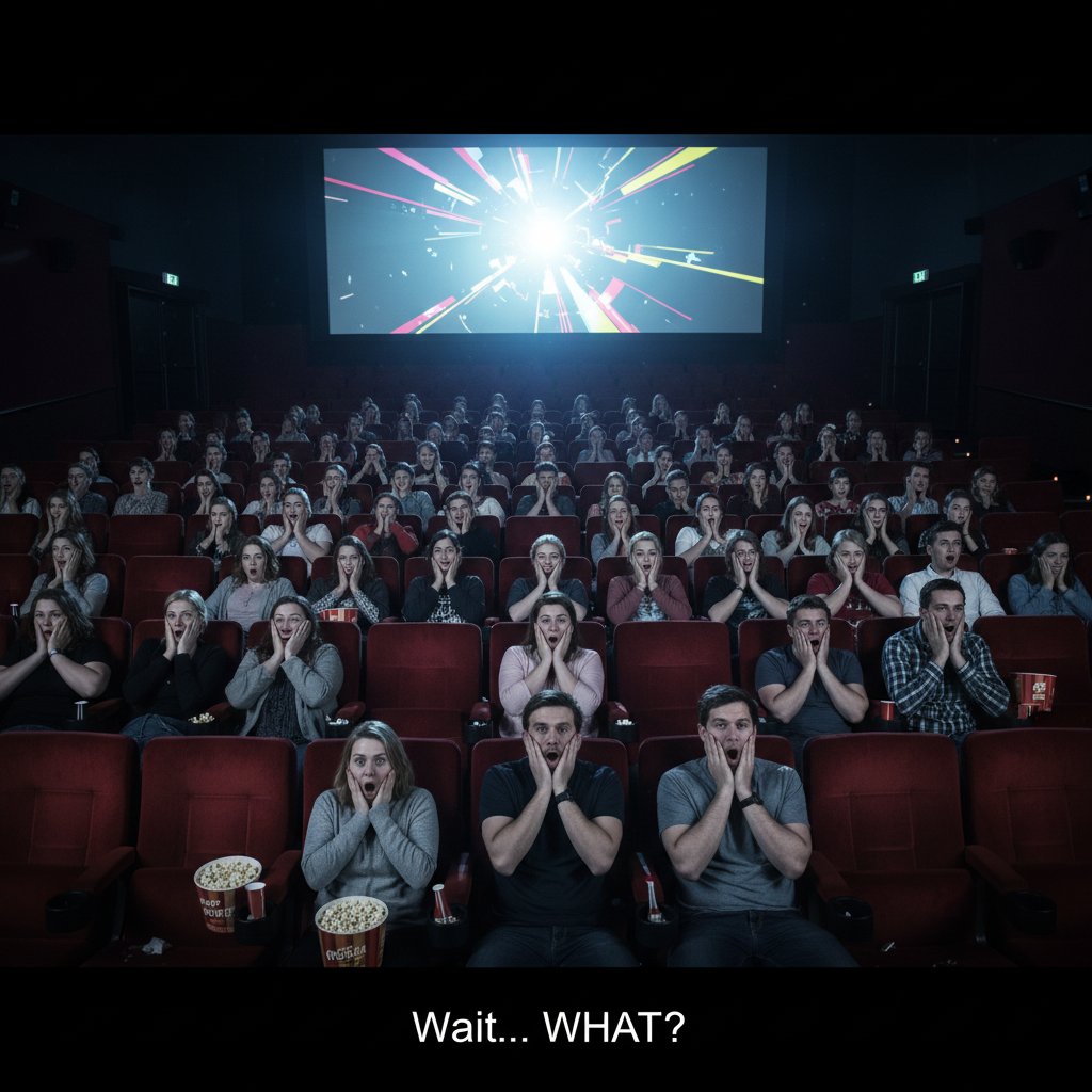 Stunned audience member experiencing a movie twist, close-up of a person's widened eyes in a dark theater with dramatic lighting