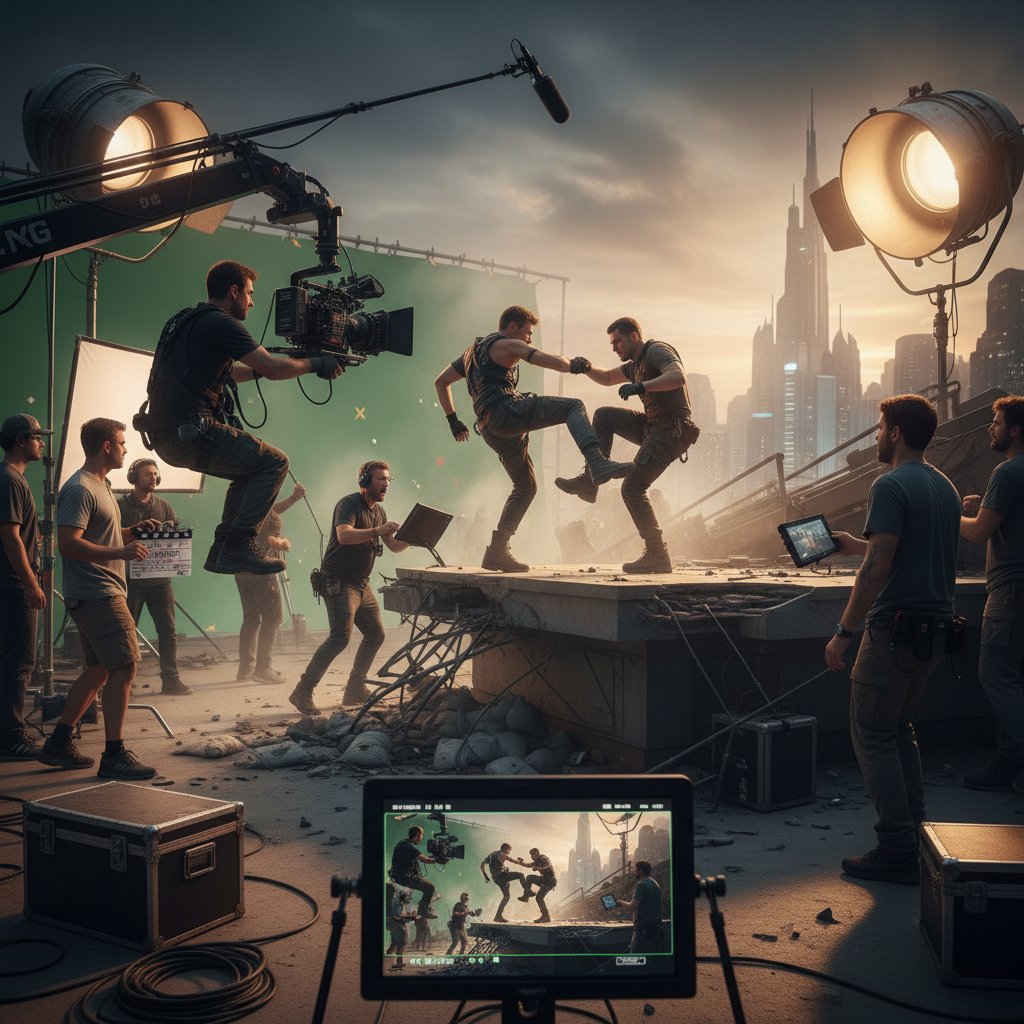 Behind-the-scenes of a stunt being choreographed; Alt: Stunt team planning action sequence in an action film