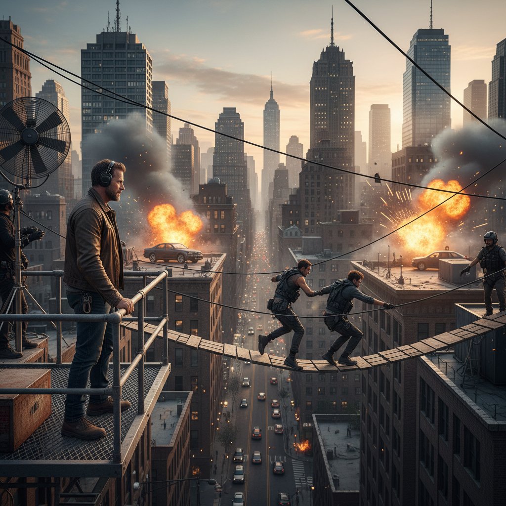 Stunt team orchestrating a high-risk rooftop chase in an action film, urban setting, camera crew visible