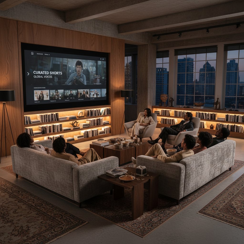 Stylish home setting with diverse viewers enjoying curated short film streaming platform