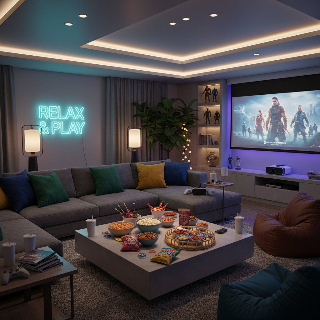 Room setup for a themed video game movie marathon