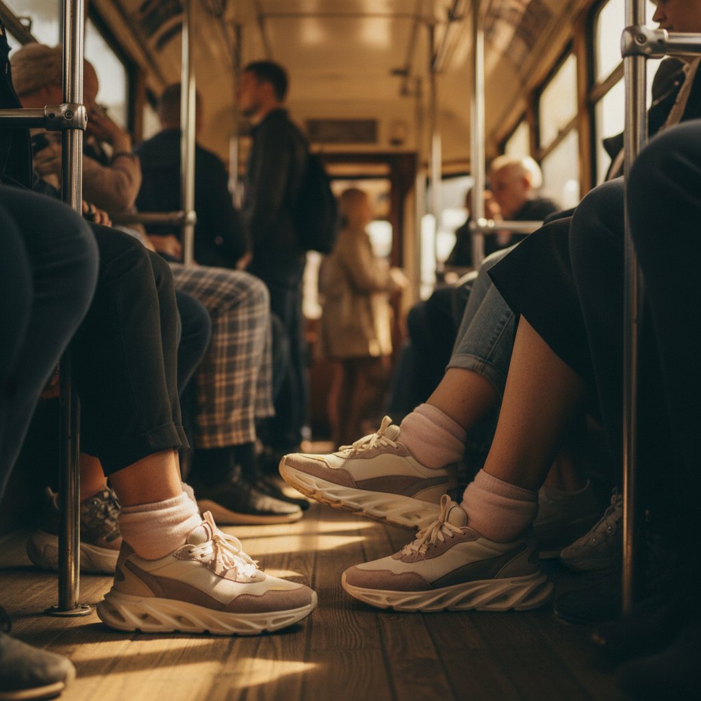 Opuchnięte kostki w modnych butach w zatłoczonym tramwaju
