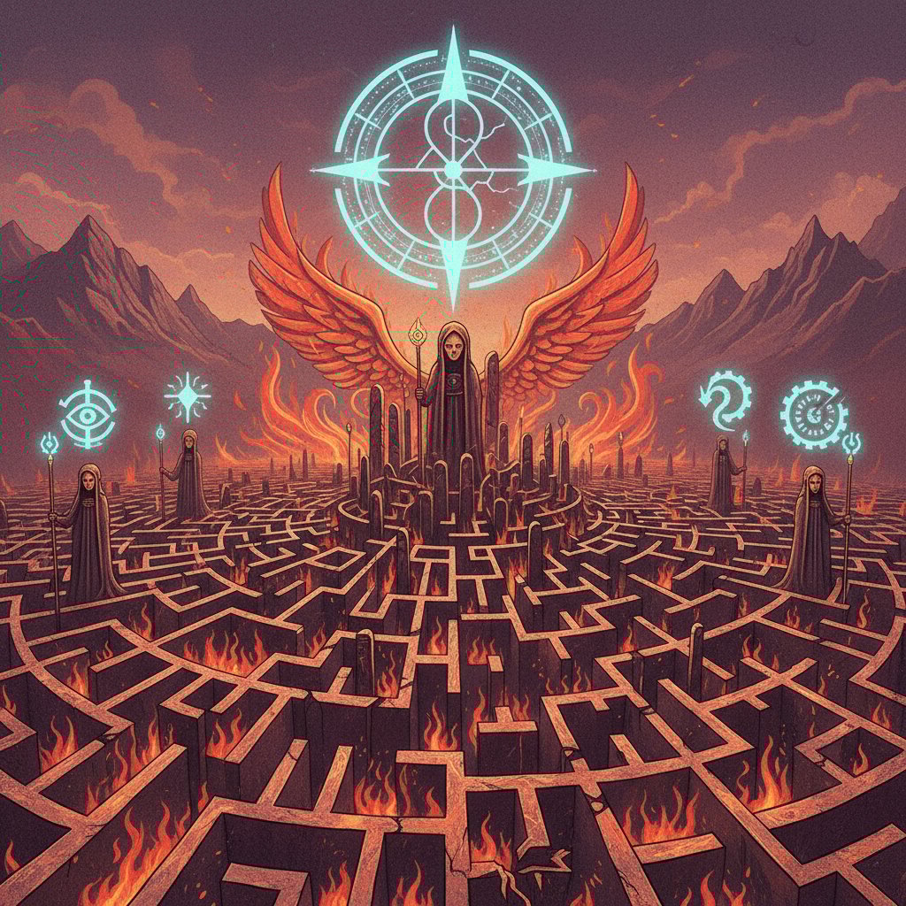 Stylish, symbolic mashup of YA dystopian icons—maze, flames, city ruins, mysterious figures, 16:9