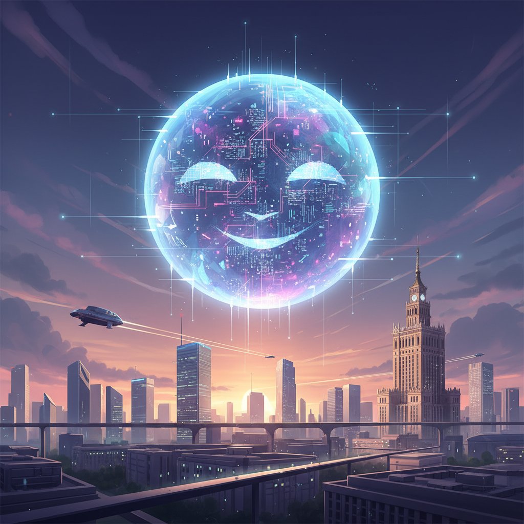 Przyszłość chatbotów AI na tle panoramy Warszawy o zmierzchu