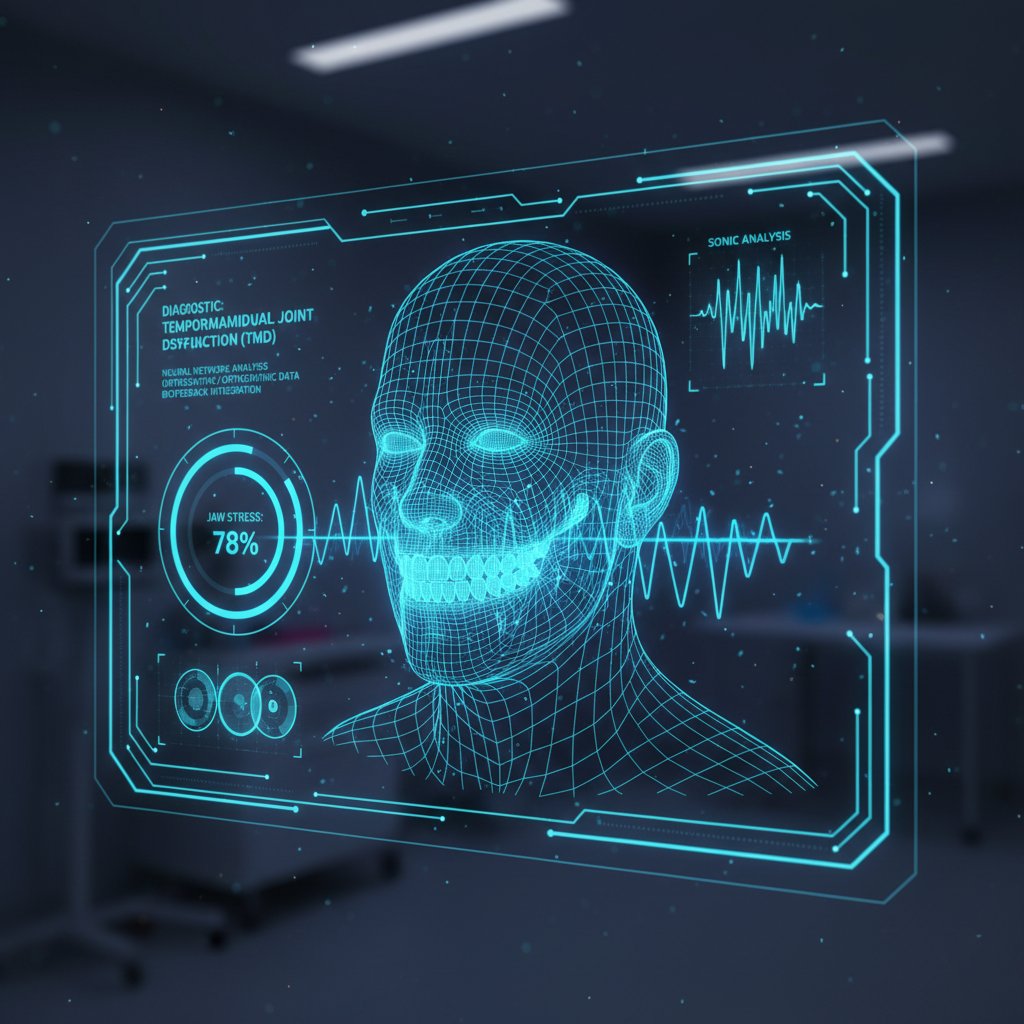 Sztuczna inteligencja analizująca napięcie mięśni żuchwy, z niebieskim neonowym światłem, futurystyczna technologia medyczna