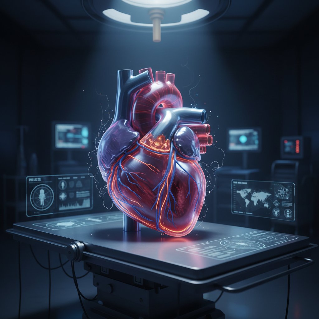 Schematyczne przedstawienie różnych typów wrodzonych wad serca na tle nowoczesnej sali diagnostycznej