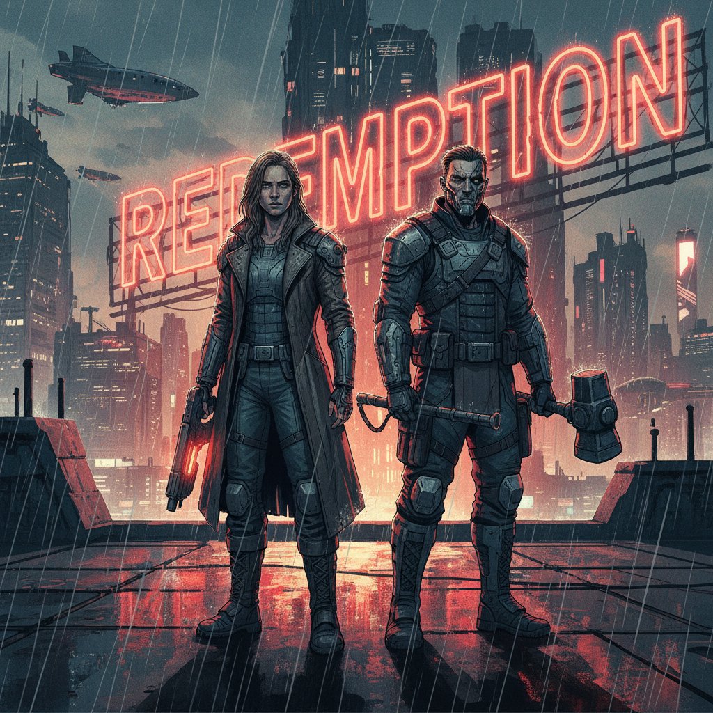 Modern antiheroes in redemption movies, illustrated in a gritty style