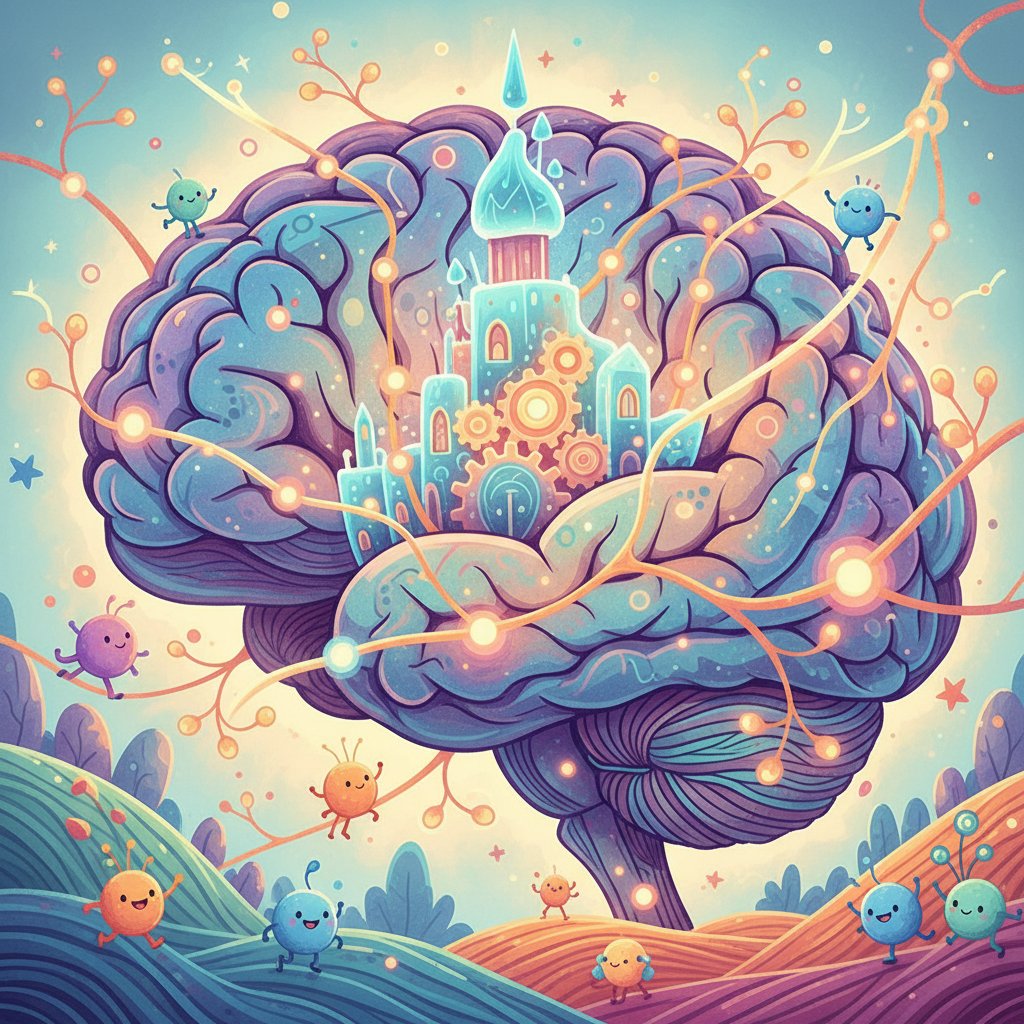 Playful stylized brain illustration with animated characters tickling neurons