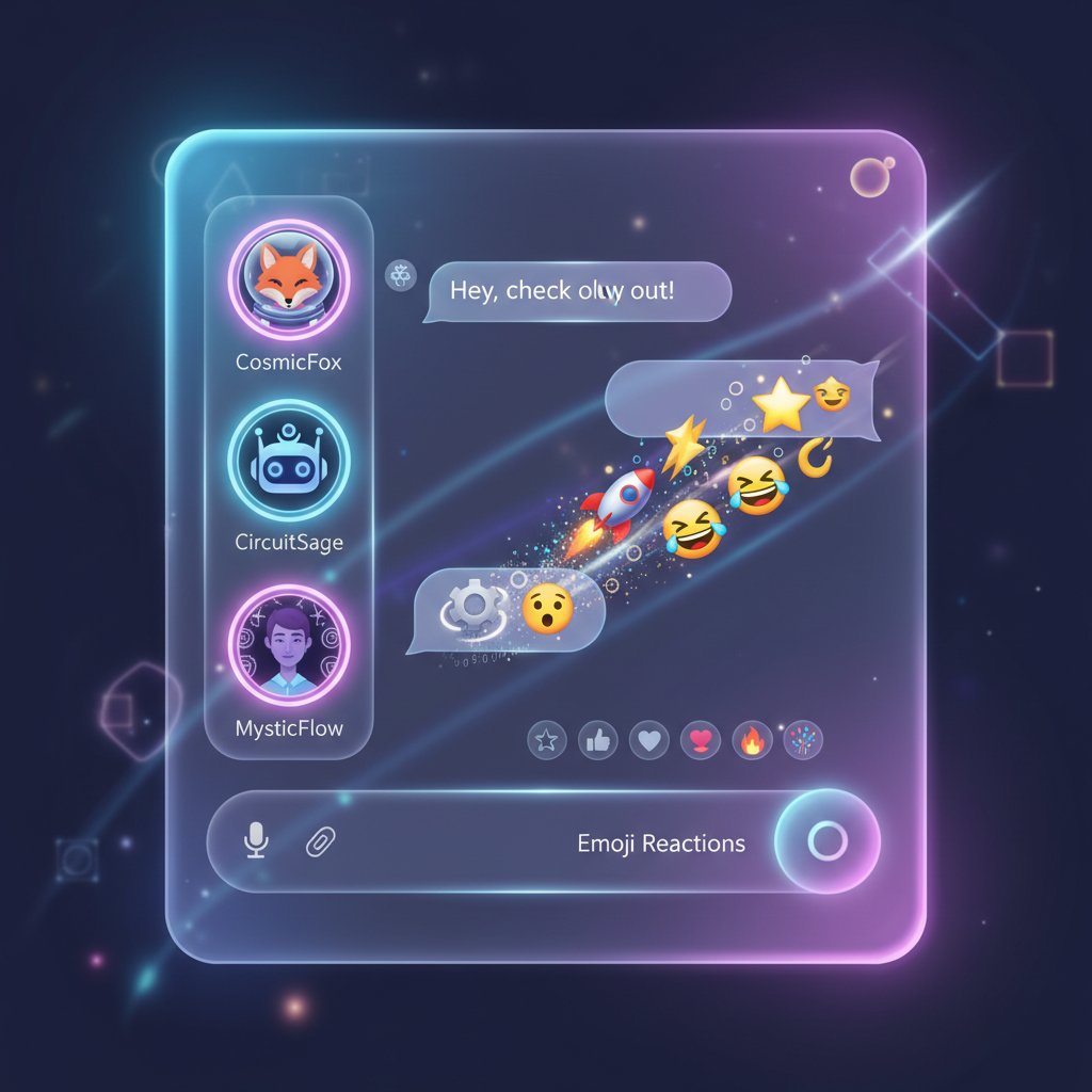 Stylizowany interfejs czatu z dynamicznymi emoji, spersonalizowane awatary, nowoczesny wygląd