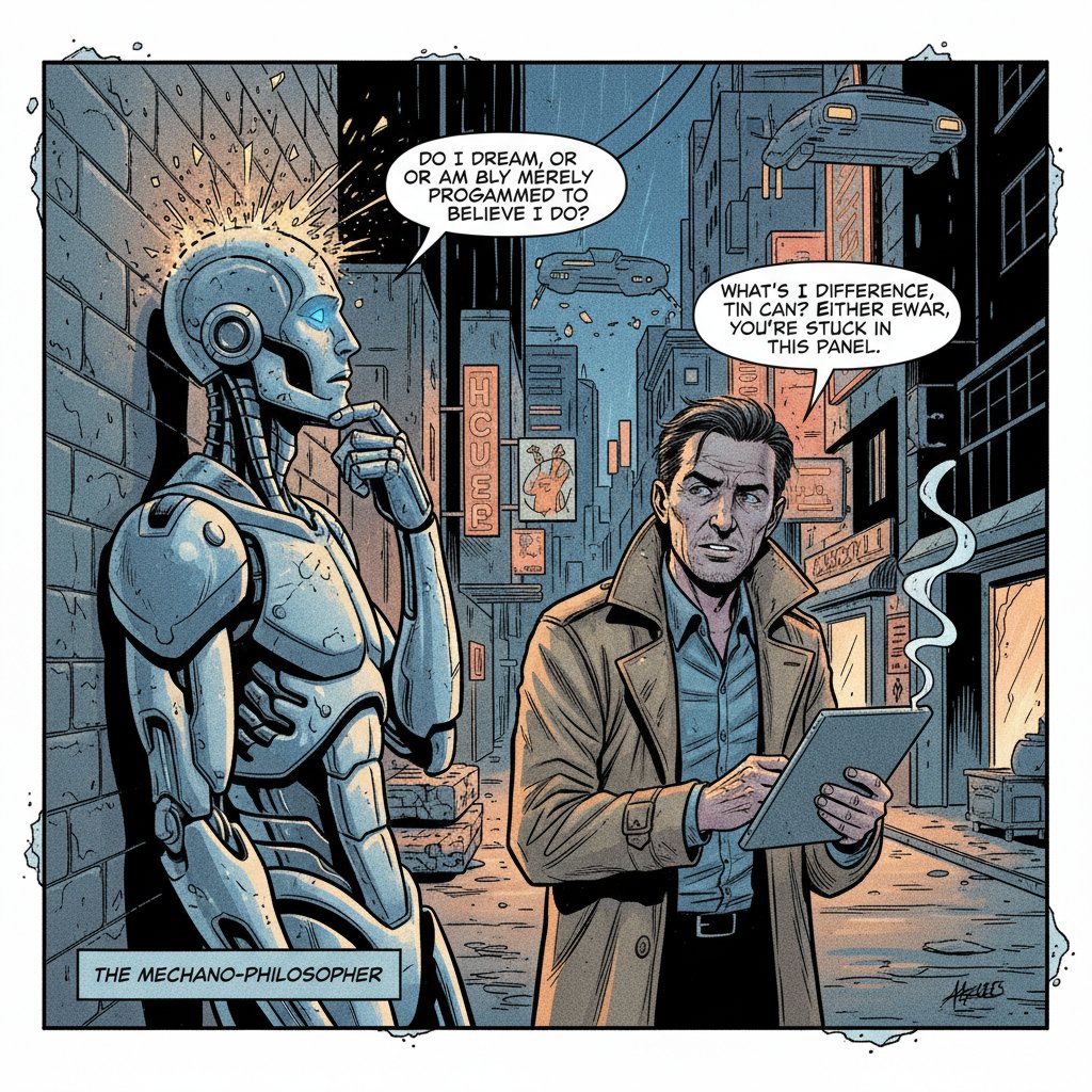 Komiksowa scena rozmowy człowieka z robotem o sensie życia w kontekście AI