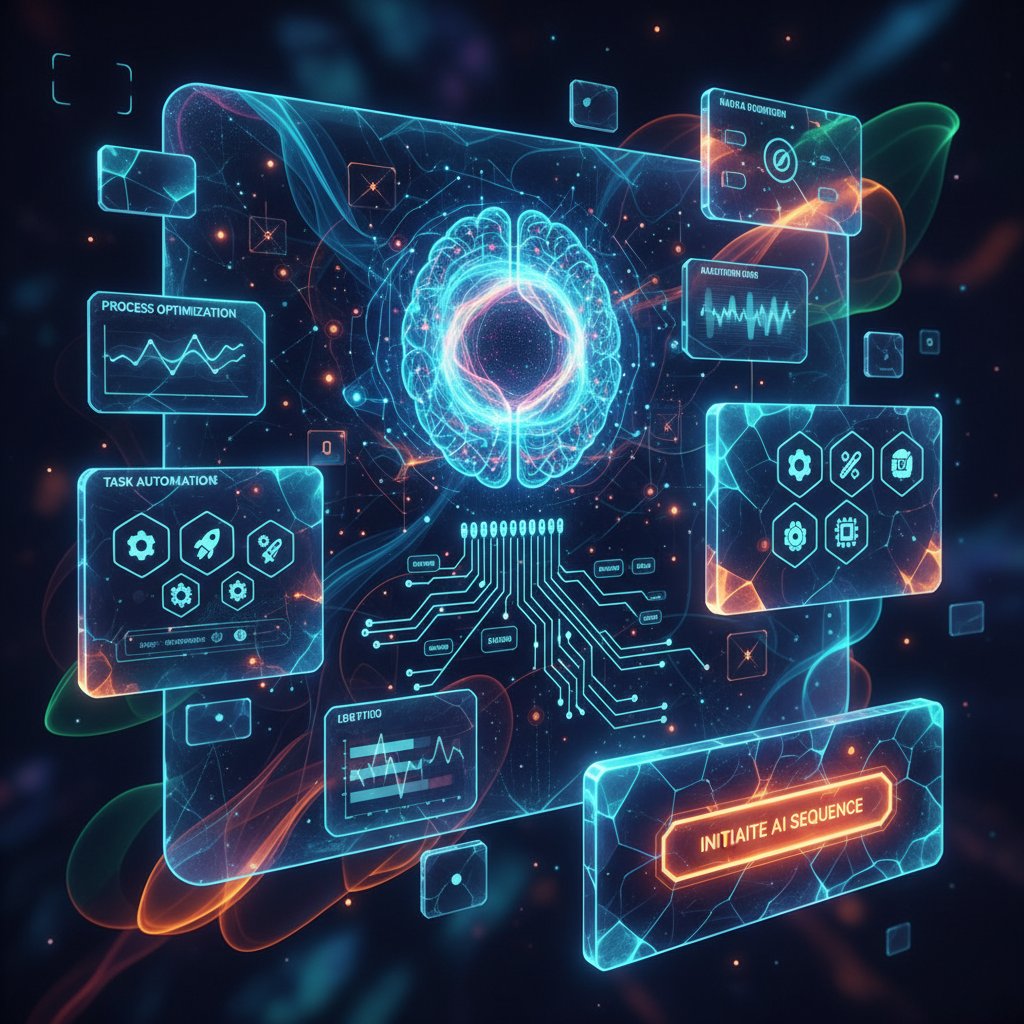 Stylized digital dashboard interface with abstract AI elements, representing a modern AI-powered automation platform