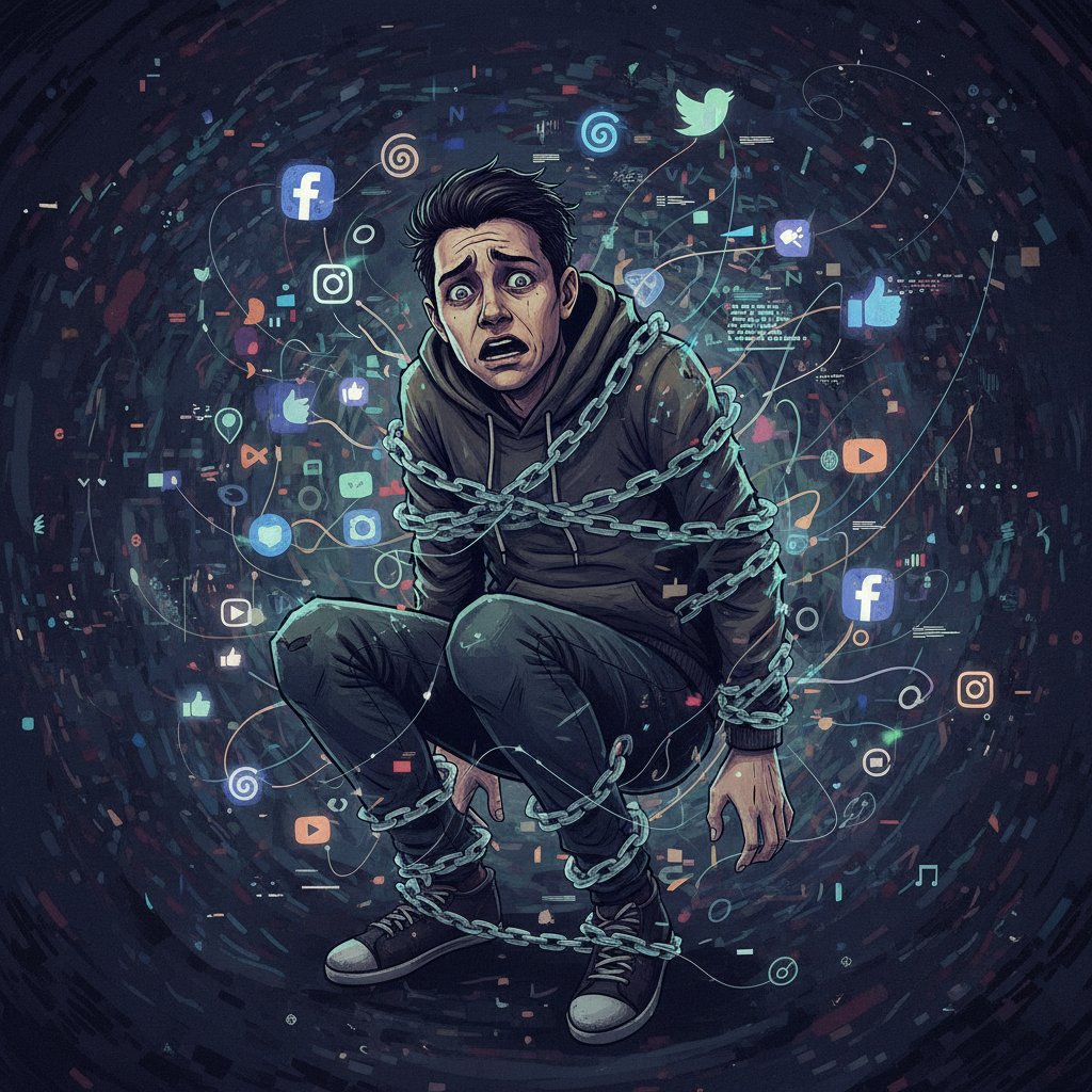Osoba uwięziona w sieci mediów społecznościowych, symbolizująca cyfrowe gry w AT