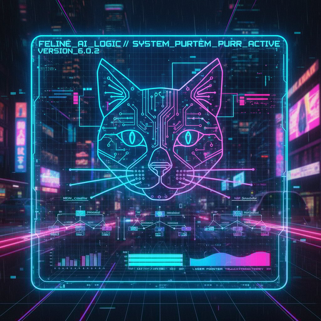 Schemat działania AI w wirtualnym kotku, styl cyberpunk, kolorystyka neonowa, interfejs cyfrowy