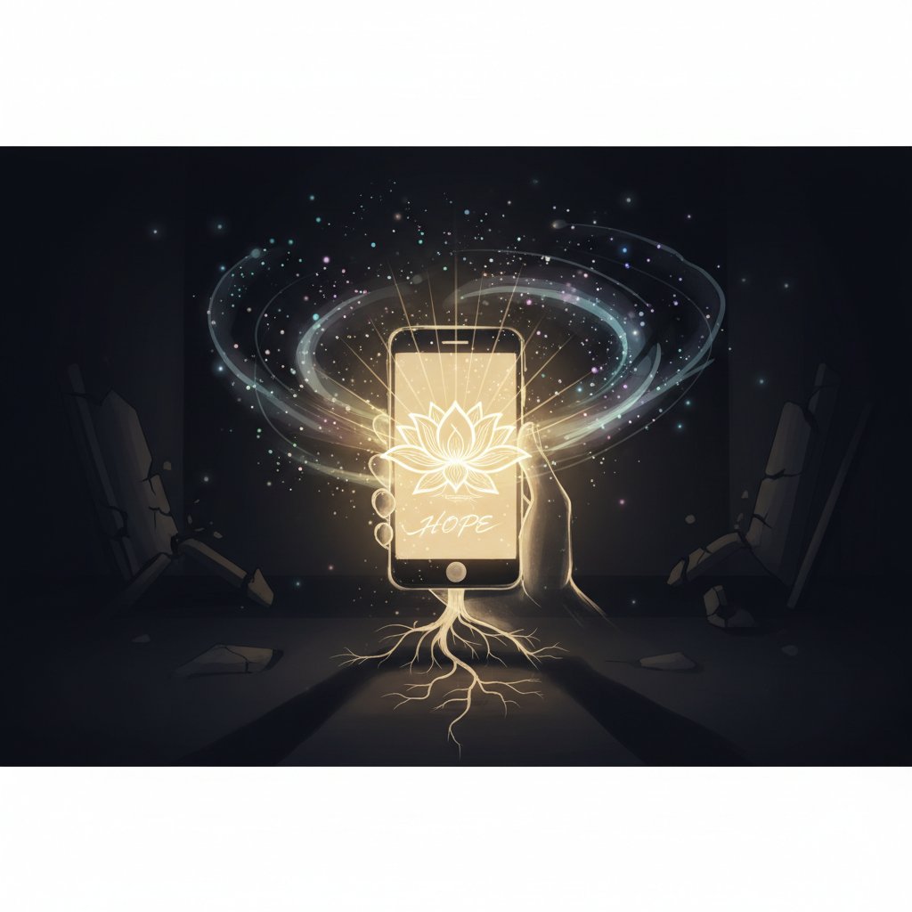 Leuchtendes Smartphone in dunklem Raum – Symbol für digitale Selbsthilfe