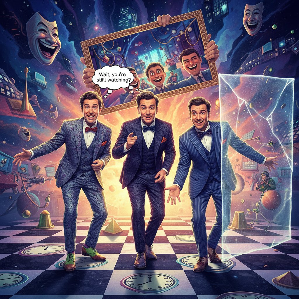 Comedians in a meta-comedy breaking the fourth wall