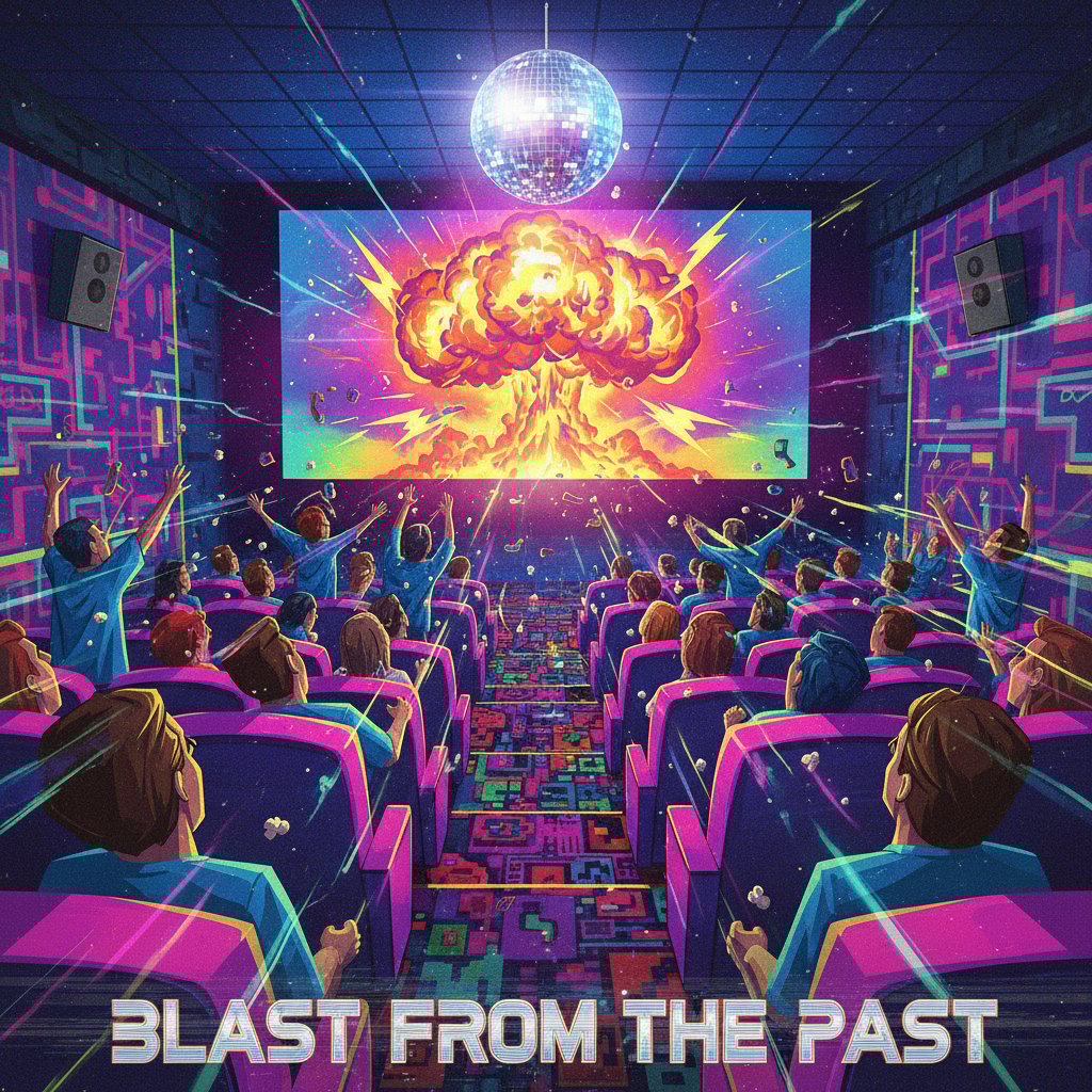 Stylized movie theater audience frozen mid-reaction to an explosive scene in a 90s vibe, visually capturing the impact of time-freeze movies