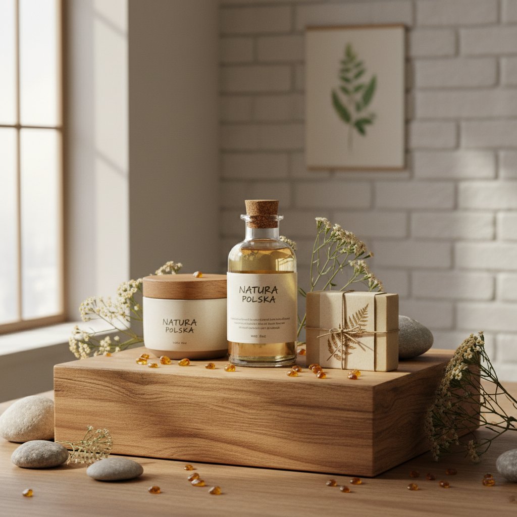 Stylizowana fotografia produktu na tle naturalnych materiałów, polska marka, nacisk na detale i światło