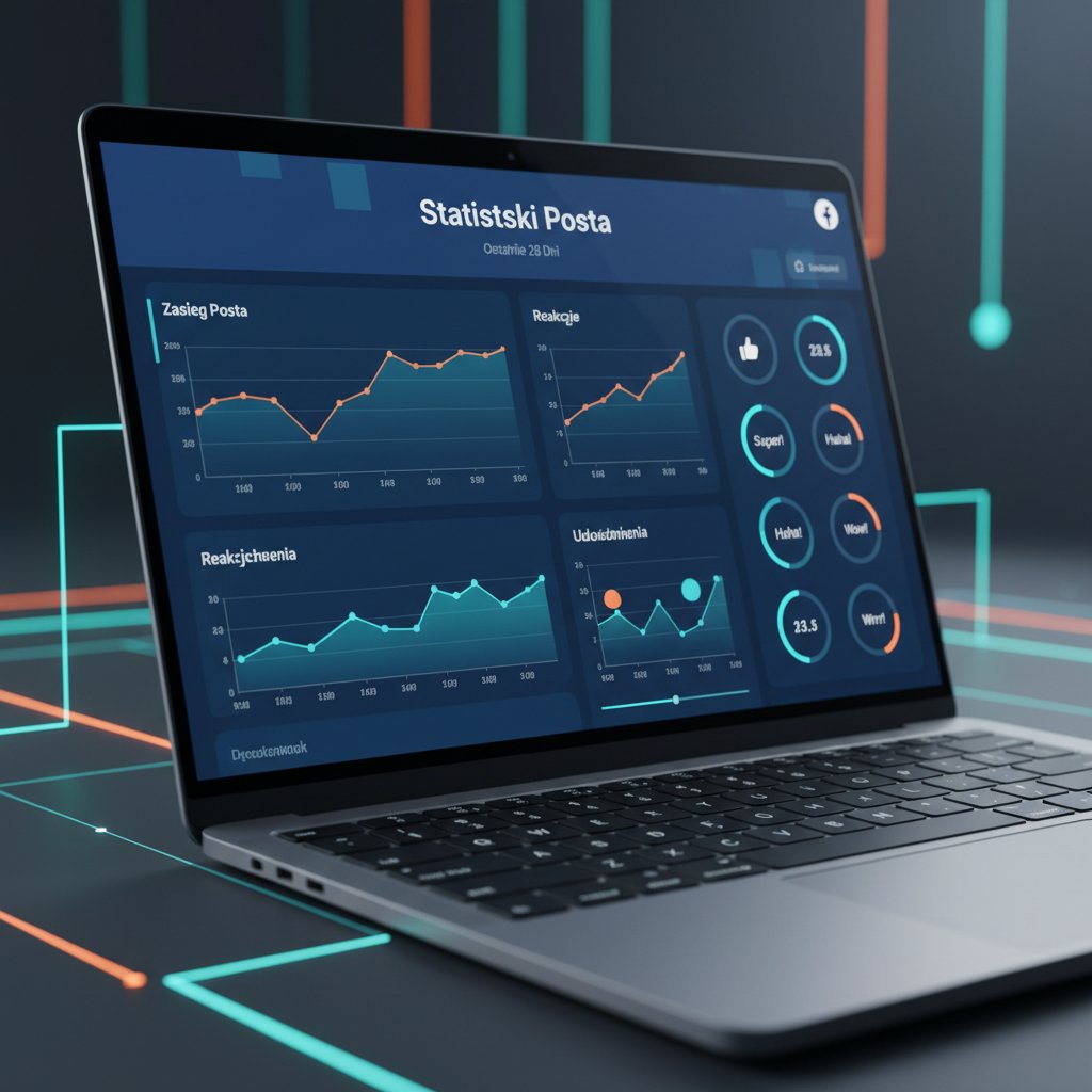 Stylizowane ujęcie ekranu z analizą posta na Facebooku w polskim interfejsie, skuteczne treści społecznościowe