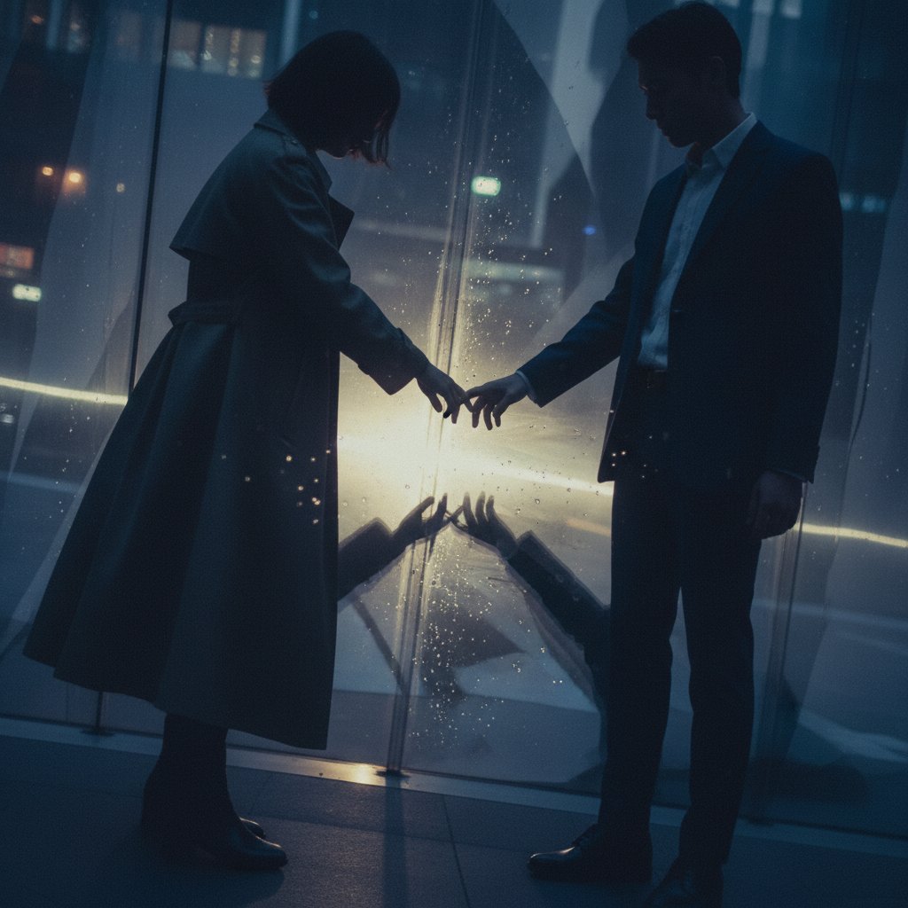 Stylized shot of shadows and reflections, two figures barely touching hands, visual cues for hidden relationships in movies