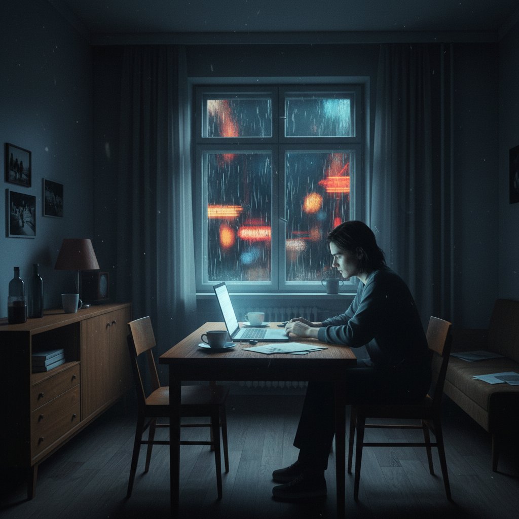 Samotność w polskim filmie o młodych dorosłych – kadr z filmu, postać samotna w nocy przy laptopie
