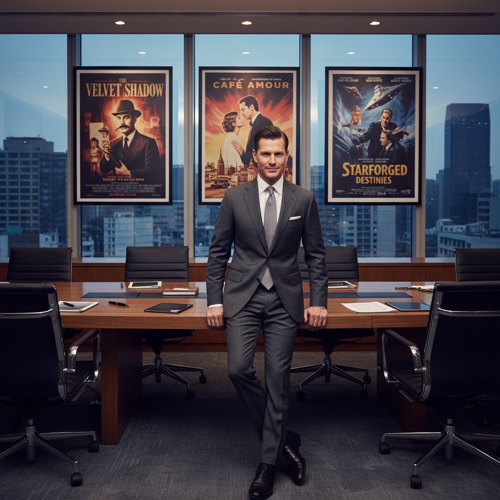 Ryan Reynolds as movie star and entrepreneur in boardroom with film posters