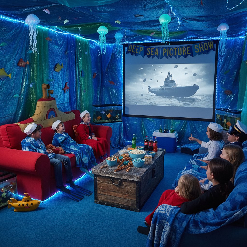 Submarine-themed living room movie night, immersive movie watching experience