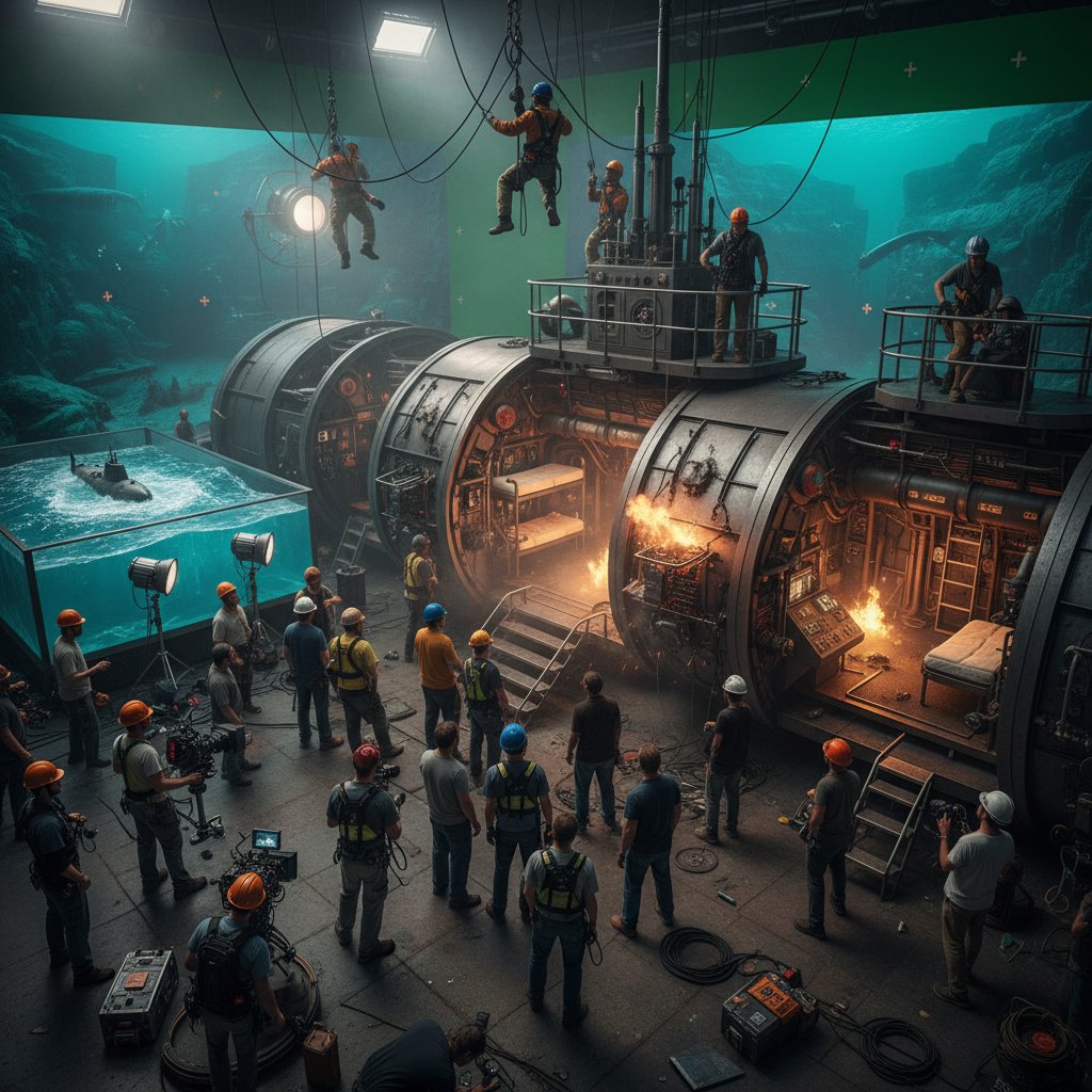Film crew building realistic submarine movie set, special effects
