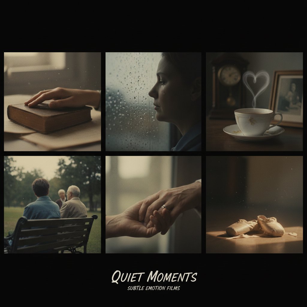 Collage of subtle emotion movie stills, each featuring quiet but intense moments