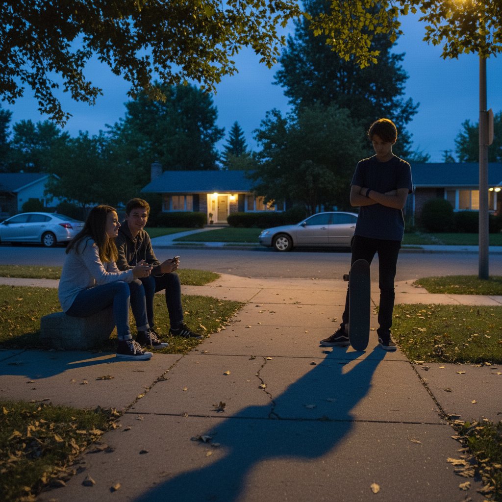 Suburban street at dusk with teenagers, evoking both comfort and tension