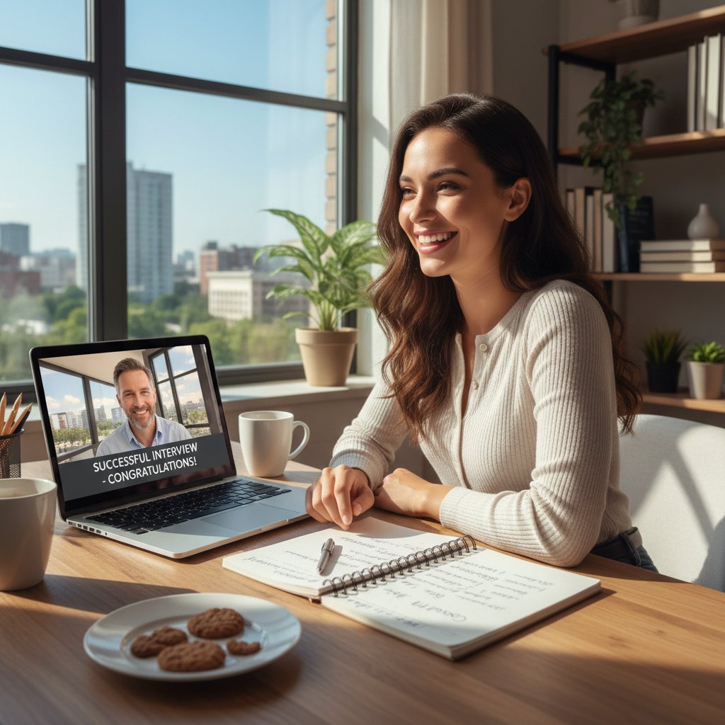 Osoba świętująca sukces po zdanej rozmowie po angielsku online, wnętrze mieszkania, laptop i notatki w tle