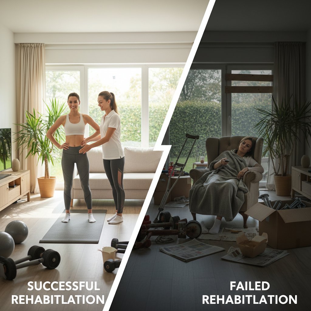 Sukces i porażka w rehabilitacji domowej: po jednej stronie pacjent ćwiczący z rodziną, po drugiej samotny, zniechęcony