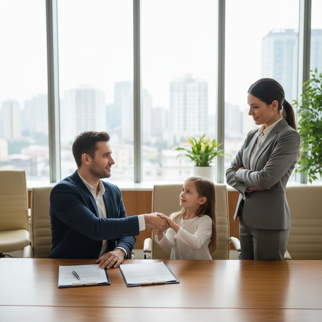 Udana mediacja rozwodowa – porozumienie i ulga, byli partnerzy z dzieckiem i mediatorem