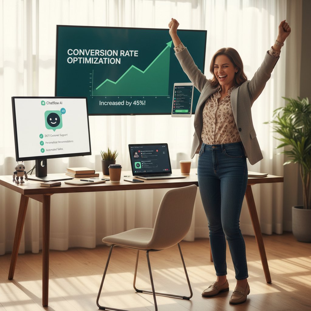 Zadowolona właścicielka sklepu e-commerce analizująca wzrost konwersji po wdrożeniu chatbota