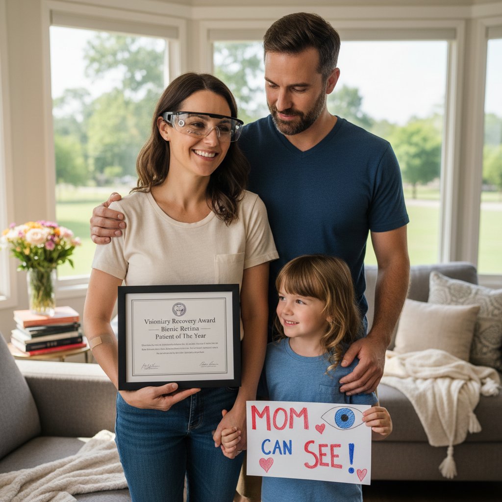 Pacjent uśmiechnięty po udanej rehabilitacji bionicznej siatkówki, rodzina wspiera