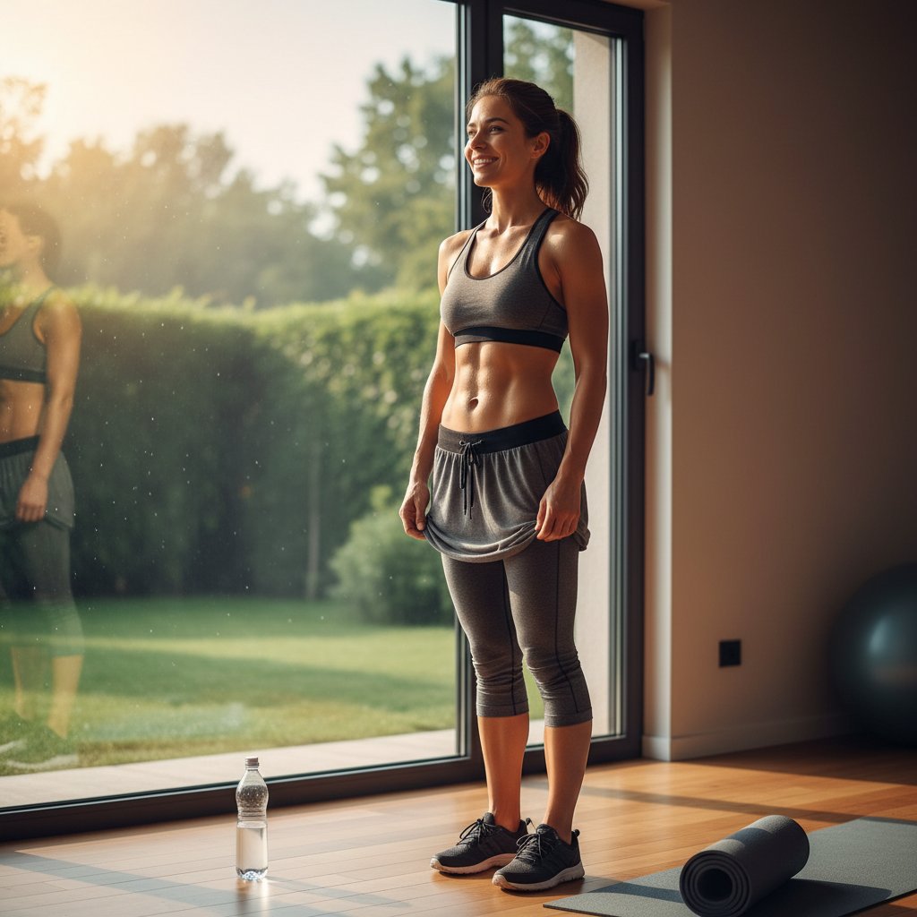 Zdjęcie zwycięskiej osoby po treningu, szczęśliwa i dumna z rezultatów, naturalne światło