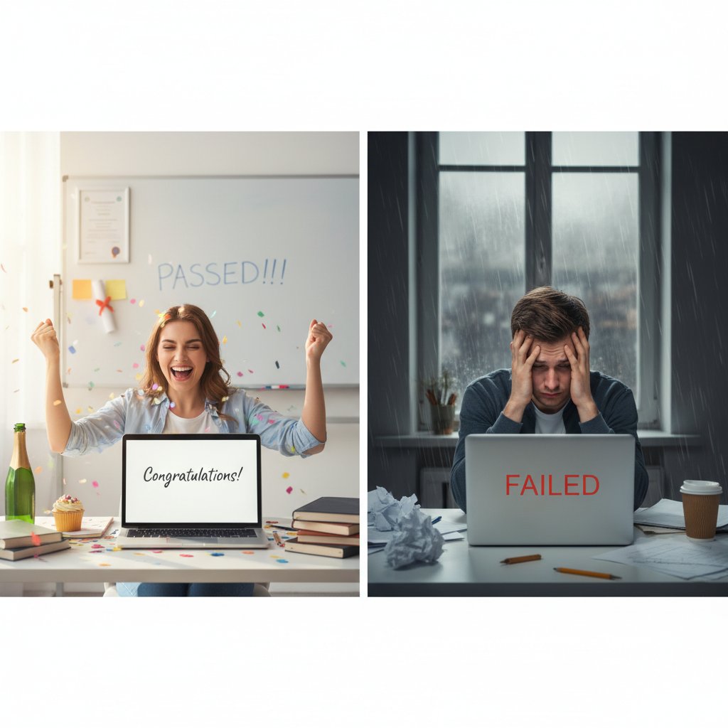 Zdjęcie ucznia świętującego sukces po zdanym egzaminie online, oraz kontrastująco rozczarowanego kolegi z głową w dłoniach